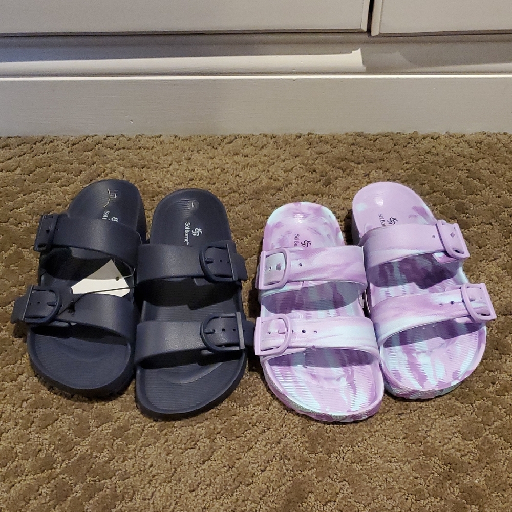 2 Pairs Girls Sol Borne Birk Style EVA Slide Sandals Navy Purple Size 12 1 2 NWT